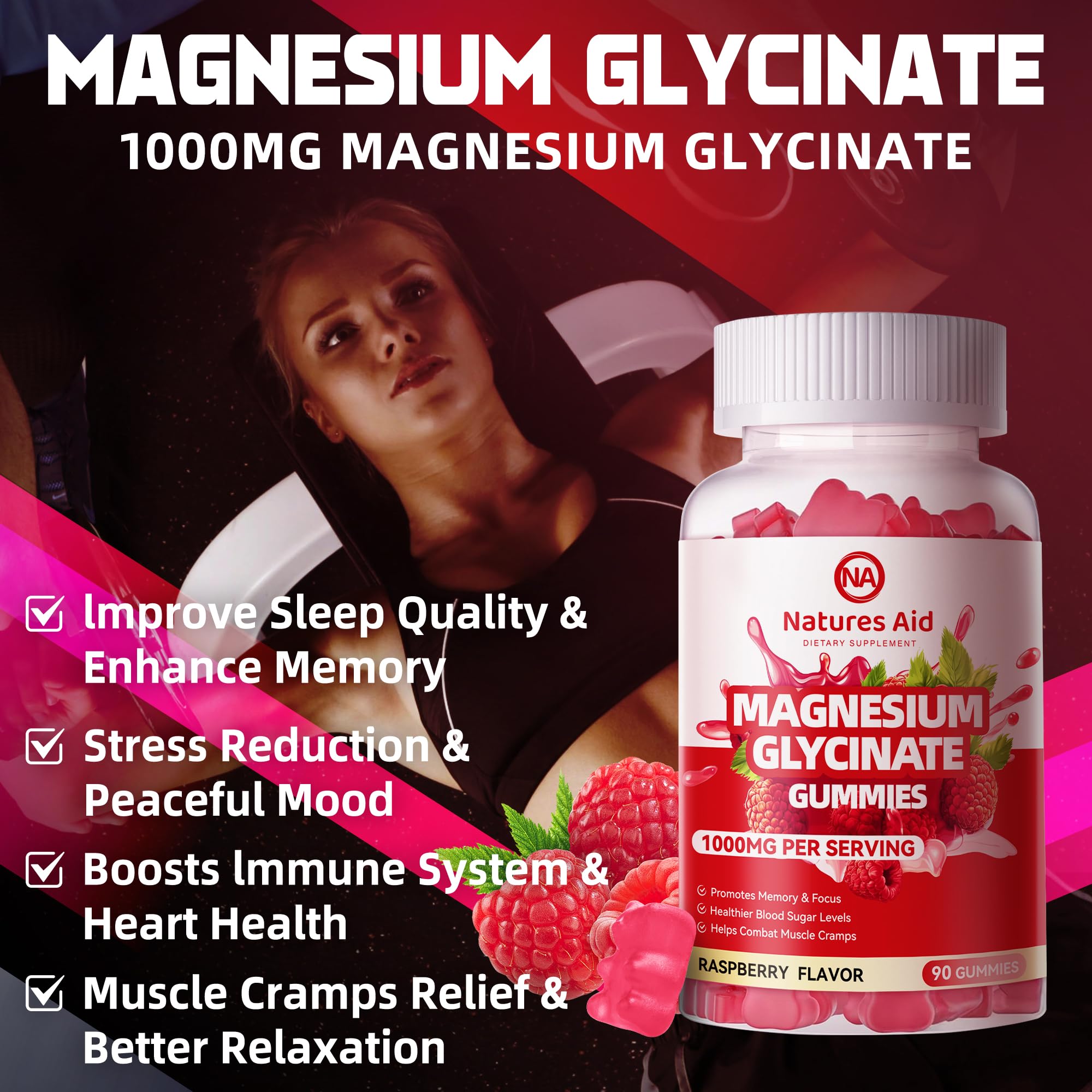 Natures Aid Magnesium Glycinate Gummies raspberry flavor close-up conveys pleasant taste.