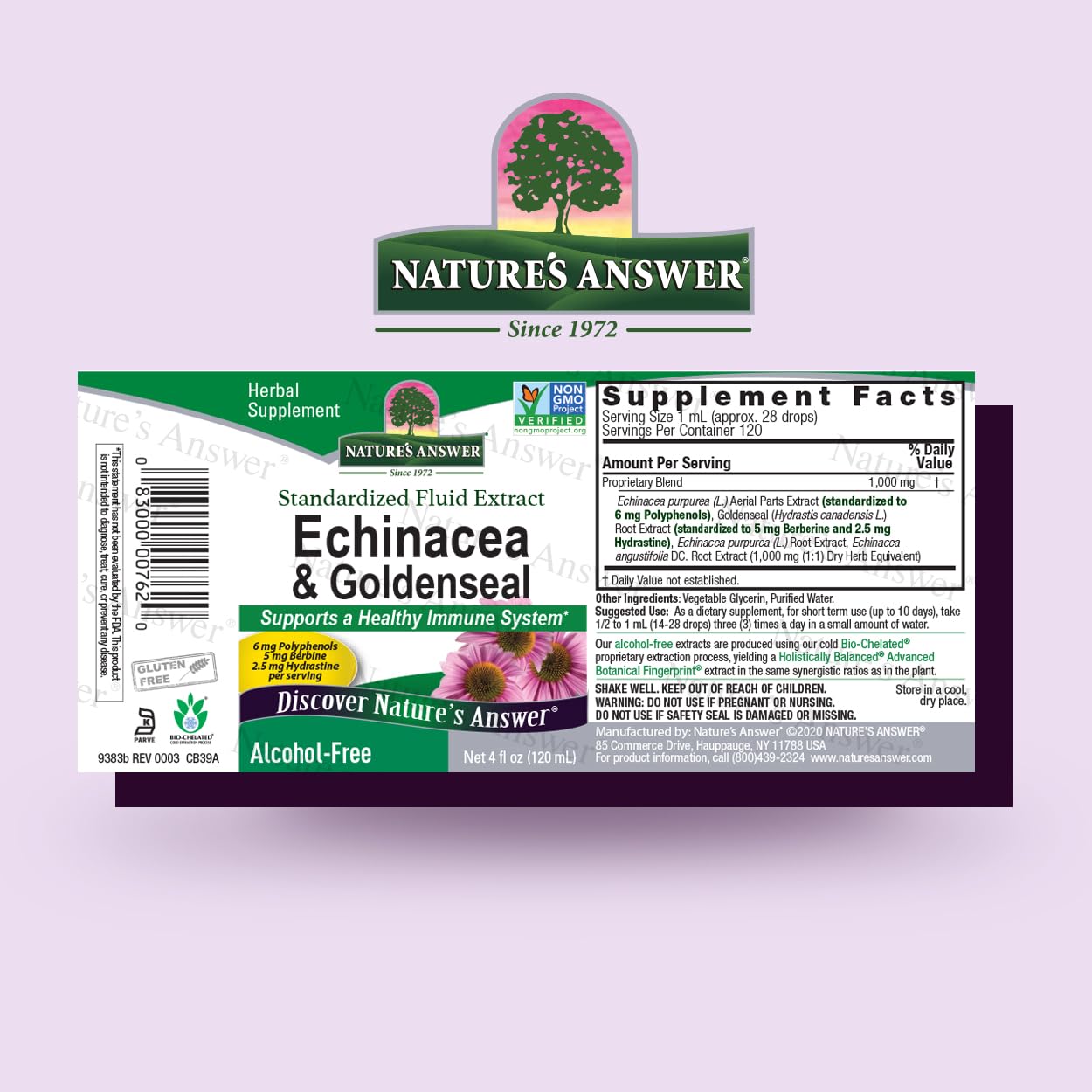 Nature's Answer Echinacea and Goldenseal label highlighting gluten-free and kosher certifications.