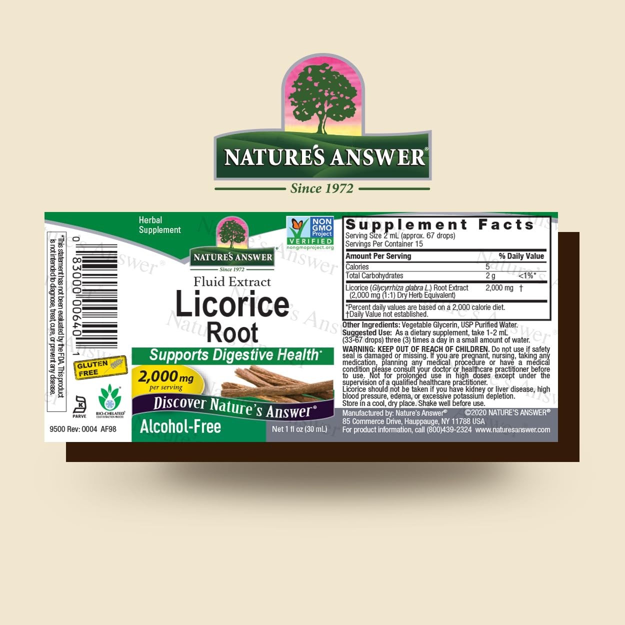 Nature's Answer Licorice Root label close-up showing authenticity and non-GMO promise