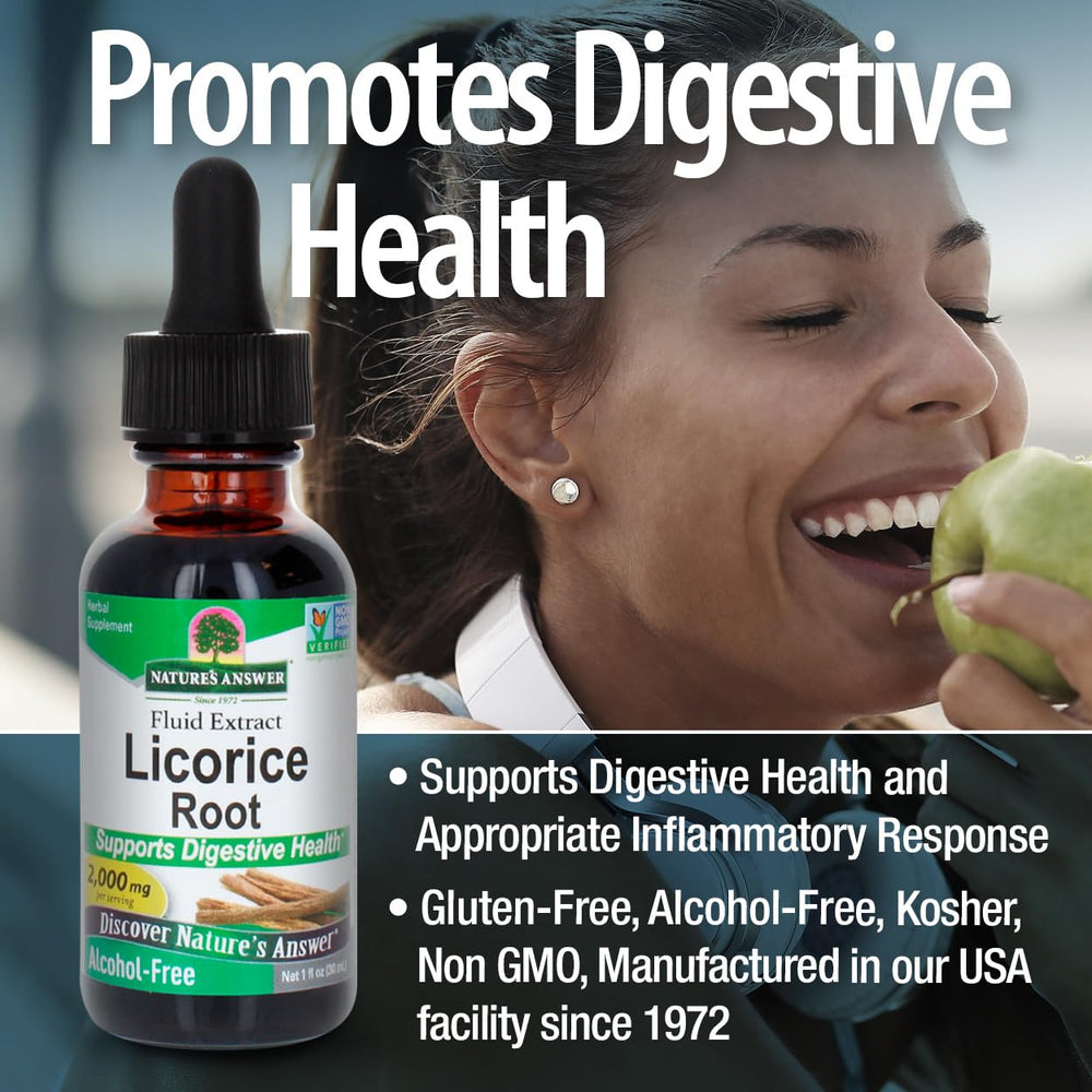 Nature's Answer Licorice Root packaging box highlighting vegan and kosher attributes