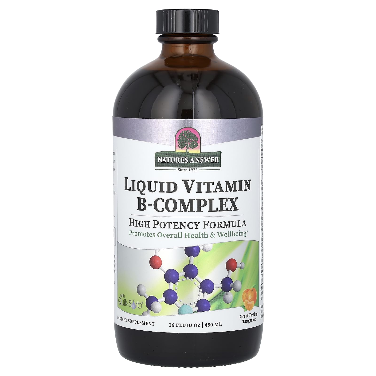 Nature's Answer Liquid Vitamin B-Complex bottle pour shows fast absorption and easy dosing.