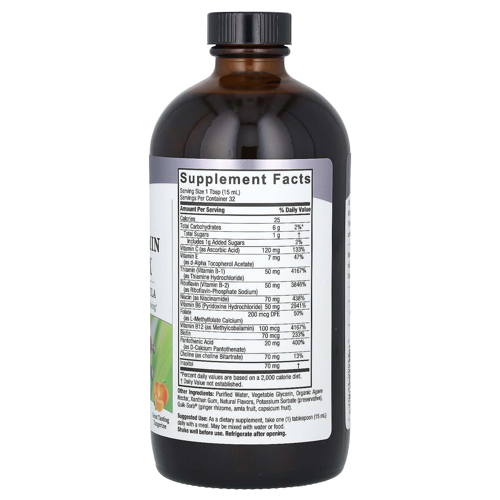 Nature's Answer Liquid Vitamin B-Complex label closeup highlights gluten-free and benzoate-free.