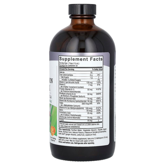 Nature's Answer Liquid Vitamin B-Complex label closeup highlights gluten-free and benzoate-free.