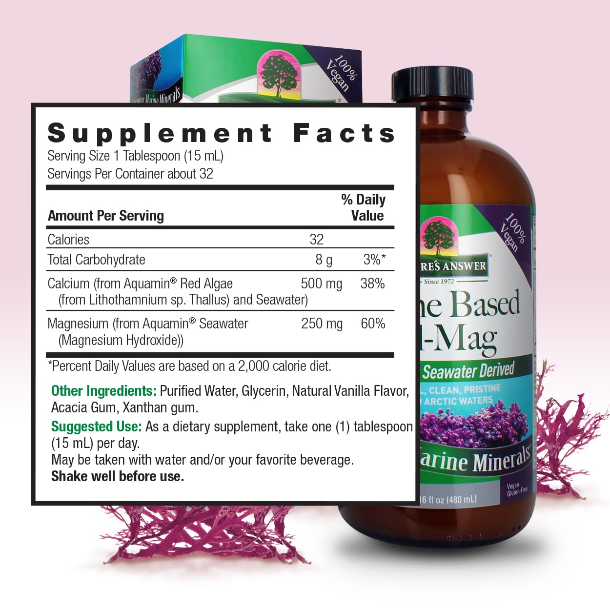 Nature's Answer label shows Aquamin minerals and vanilla flavor
