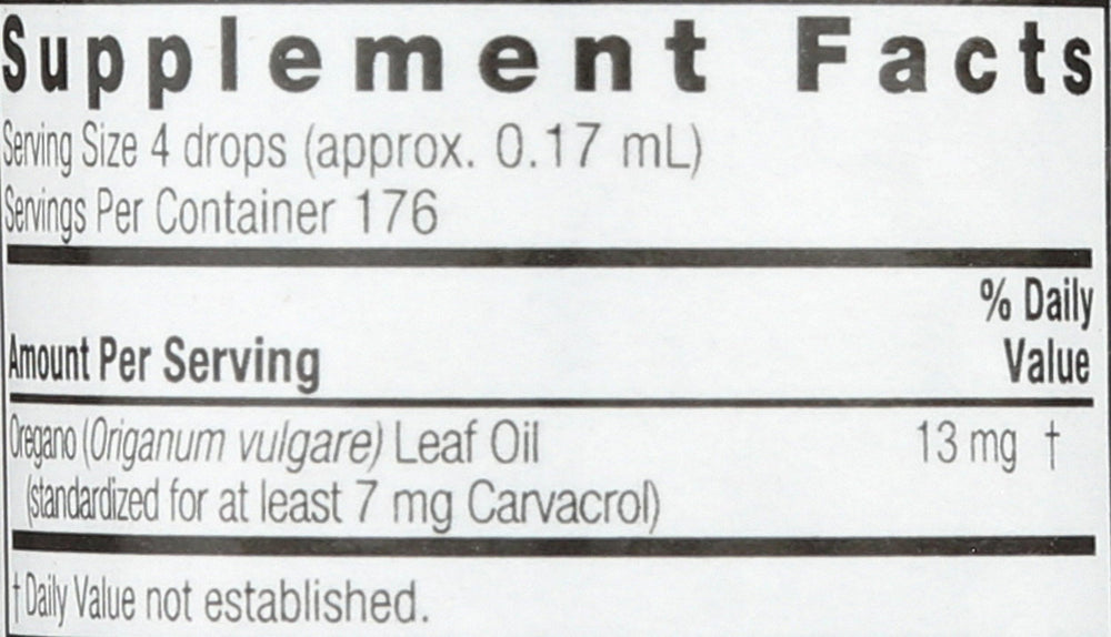Nature's Answer Oil of Oregano Leaf label closeup shows gluten-free and preservative-free quality