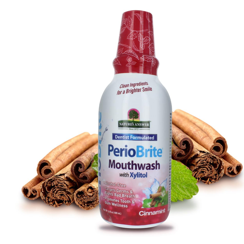 Nature's Answer PerioBrite bottle with cinnamon for a refreshing rinse.