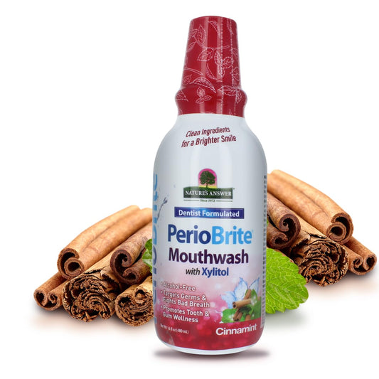 Nature's Answer PerioBrite bottle with cinnamon for a refreshing rinse.