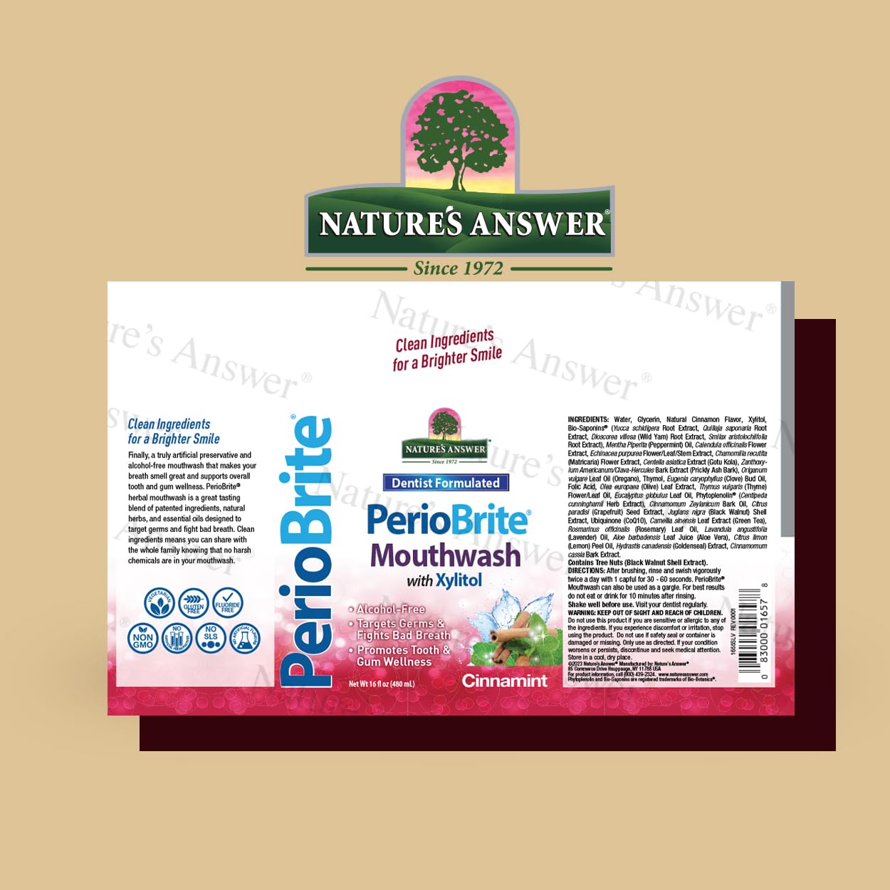 PerioBrite label displays CoQ10 and herbs for gum health.