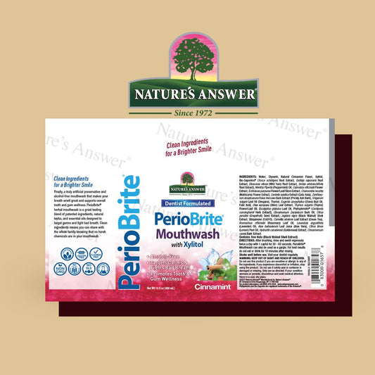 PerioBrite label displays CoQ10 and herbs for gum health.
