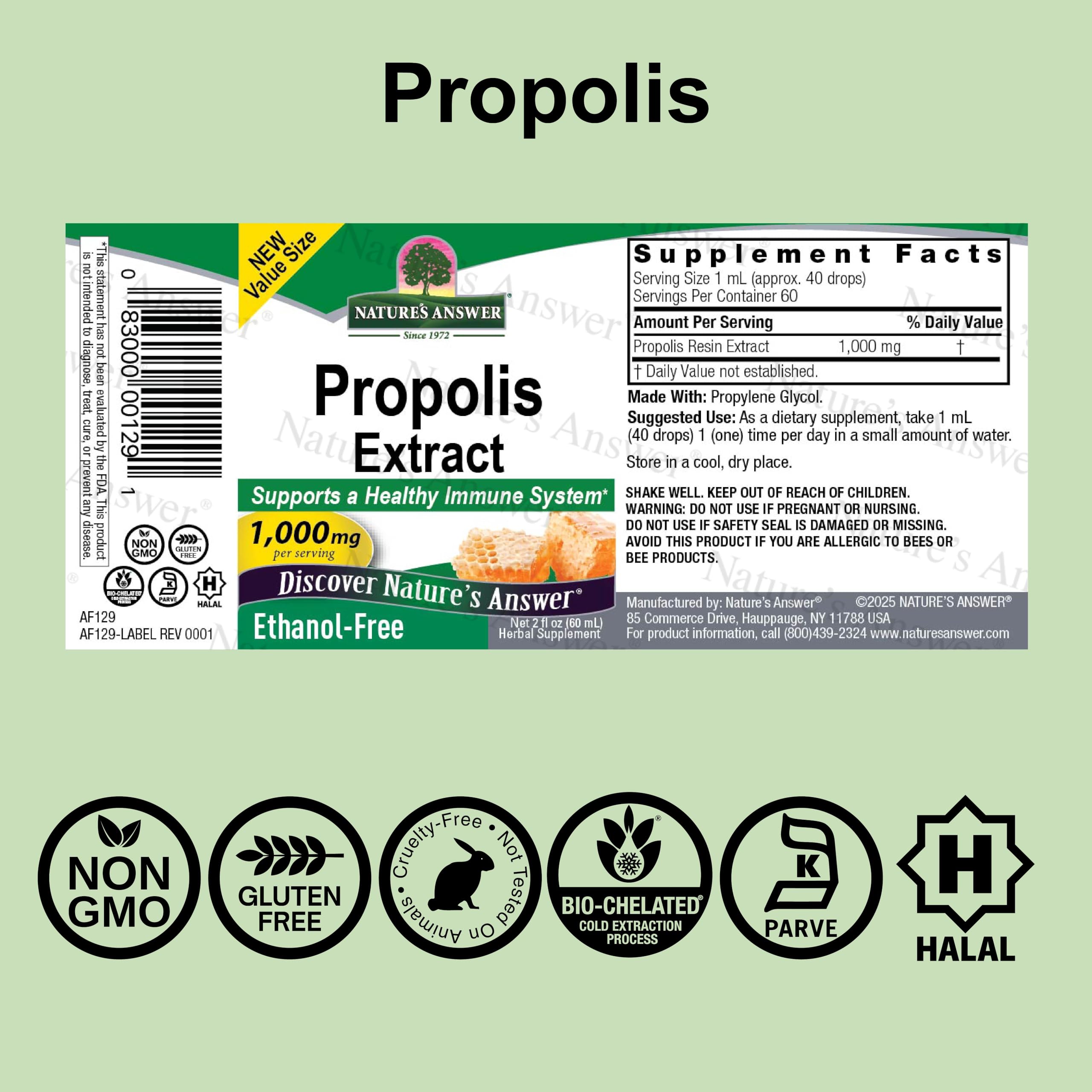 Nature's Answer propolis resin bottle with dropper for precise dosing.