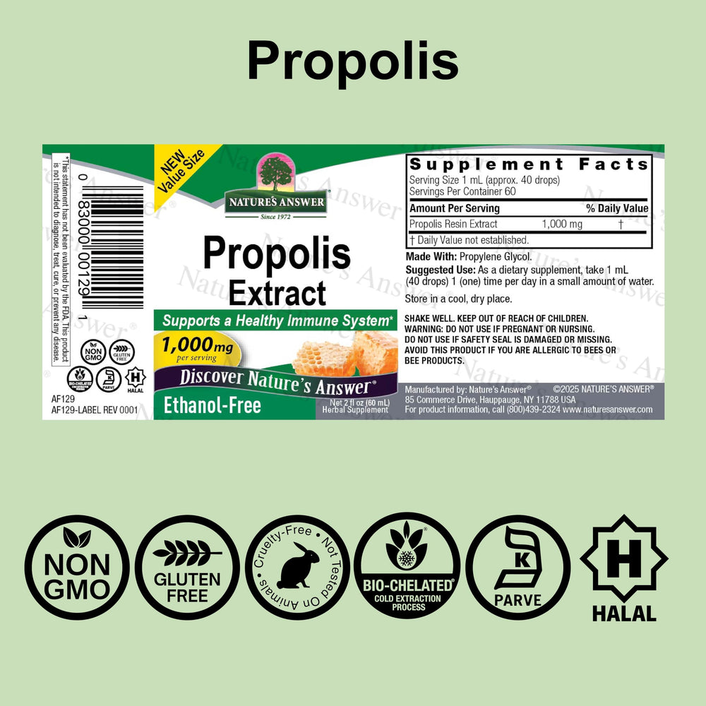 Nature's Answer propolis resin bottle with dropper for precise dosing.