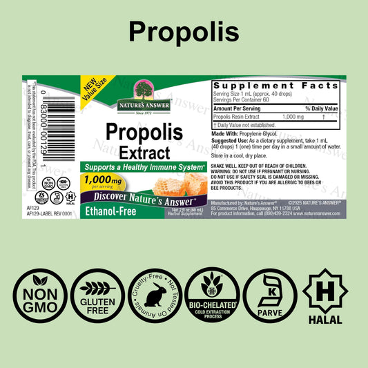 Nature's Answer propolis resin bottle with dropper for precise dosing.