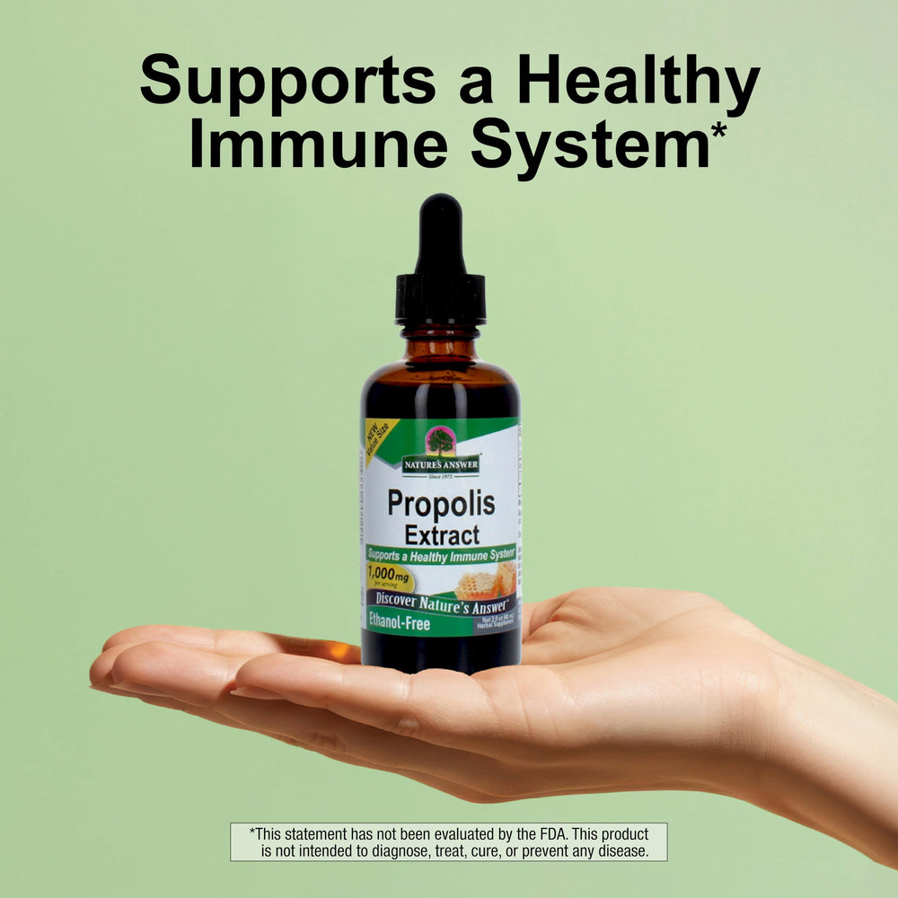 Nature's Answer propolis resin in glass bottle, vegan and gluten-free.