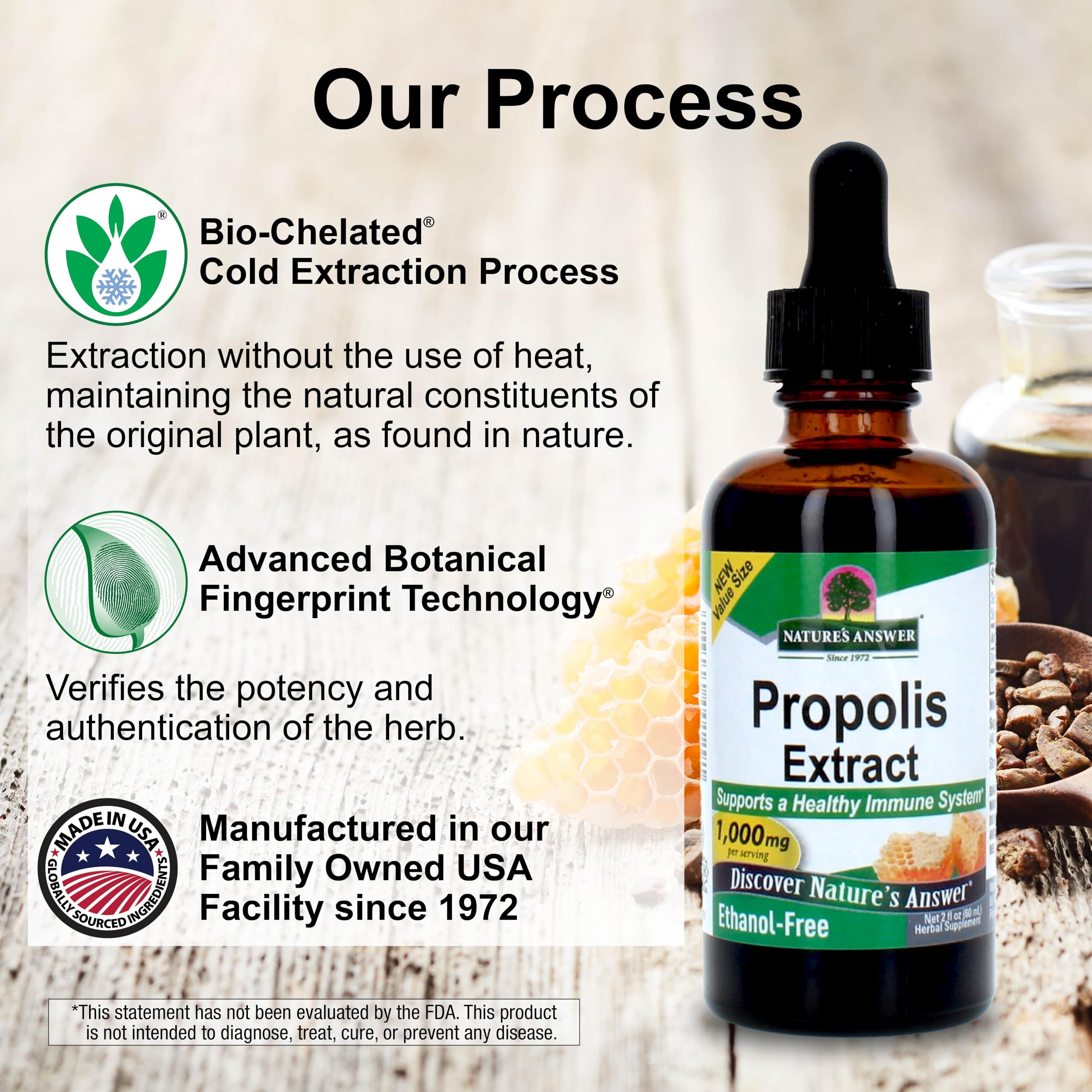 Nature's Answer propolis resin label close-up, highlighting clean formula.