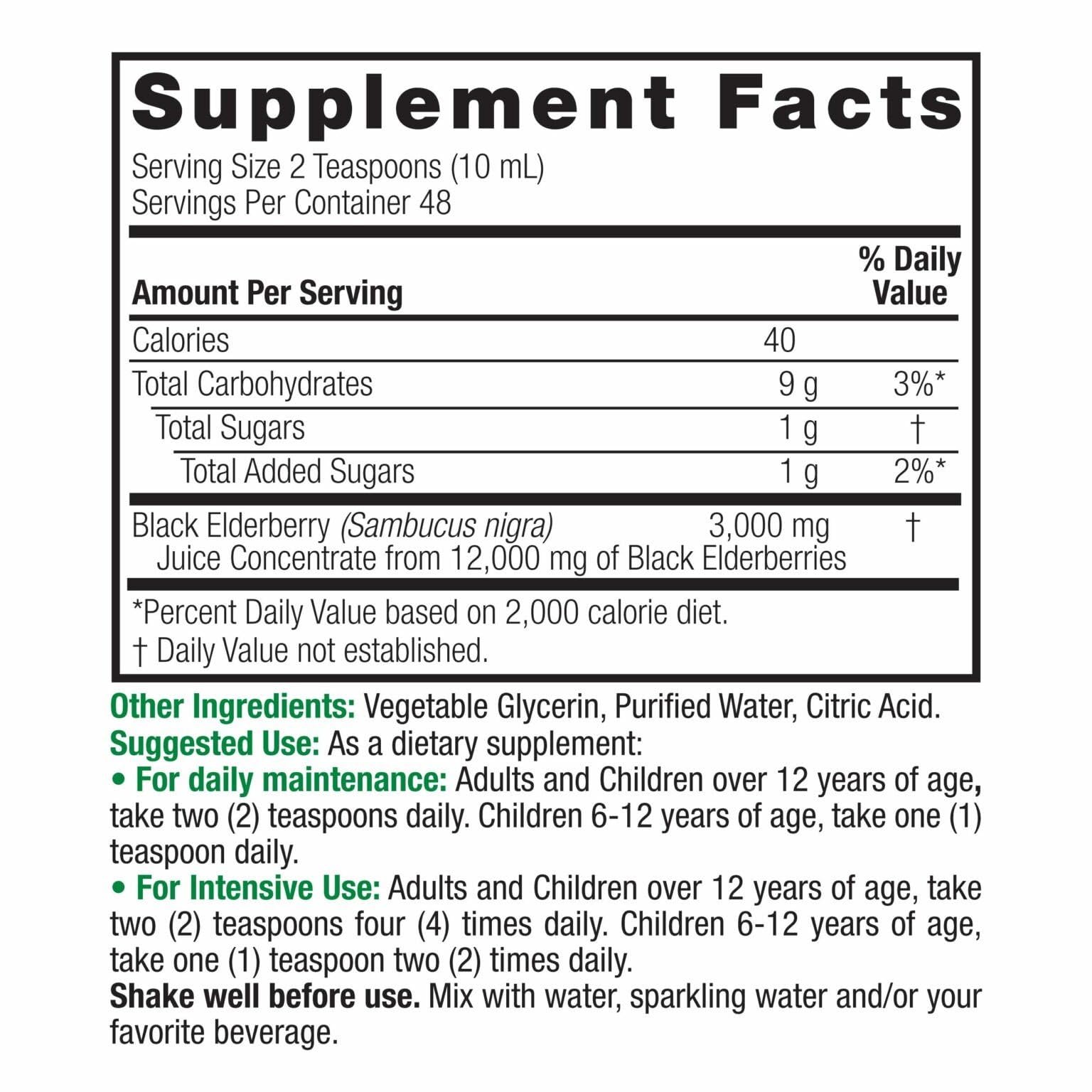 Nature's Answer Sambucus Elderberry Syrup label shows vegan gluten-free formula details.