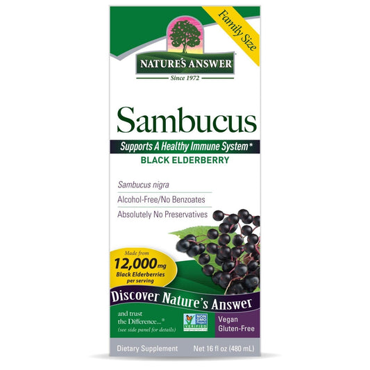 Nature's Answer Sambucus Elderberry Syrup pour demonstrates convenient daily dosing for wellness.