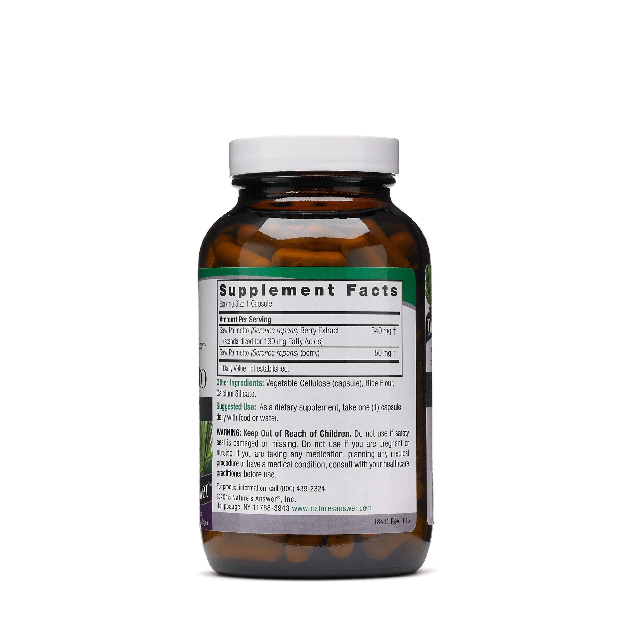 Nature's Answer Saw Palmetto 690 mg standardized extract label shows berry source for health