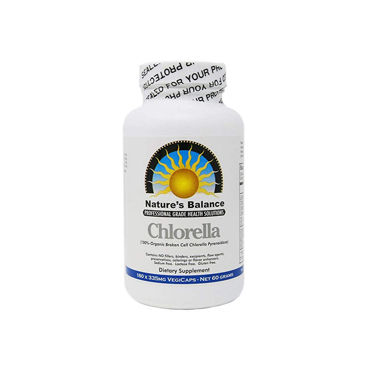 Nature's Balance Premium Chlorella bottle with nutrient-rich greens supporting daily health.