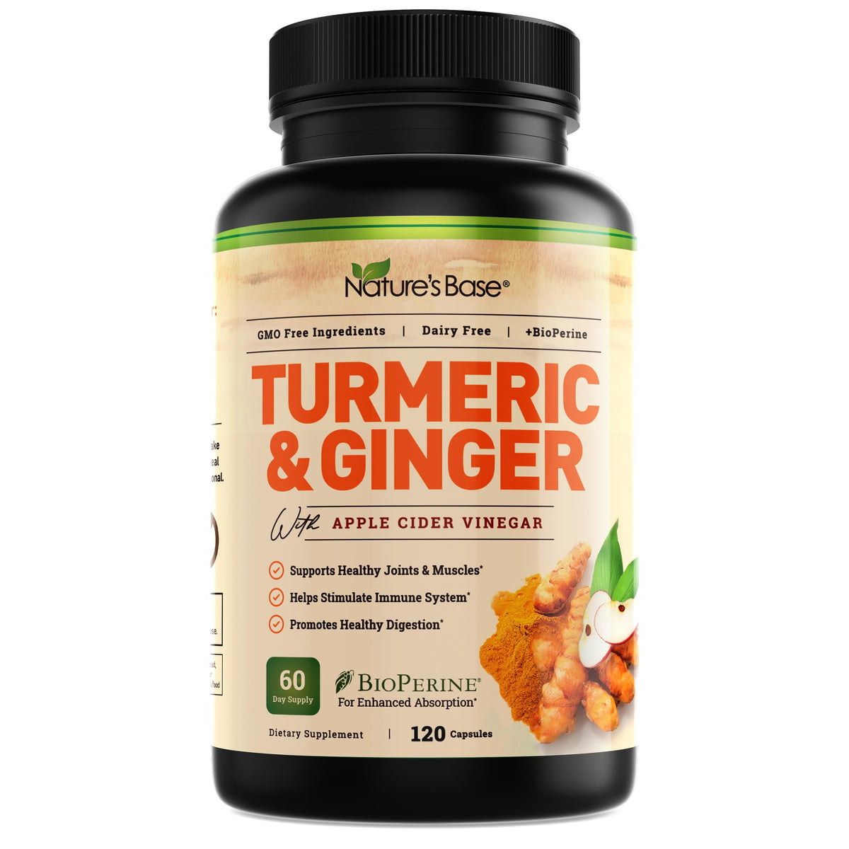 Nature's Base turmeric-ginger supplement bottle displaying 120 capsules for daily support.