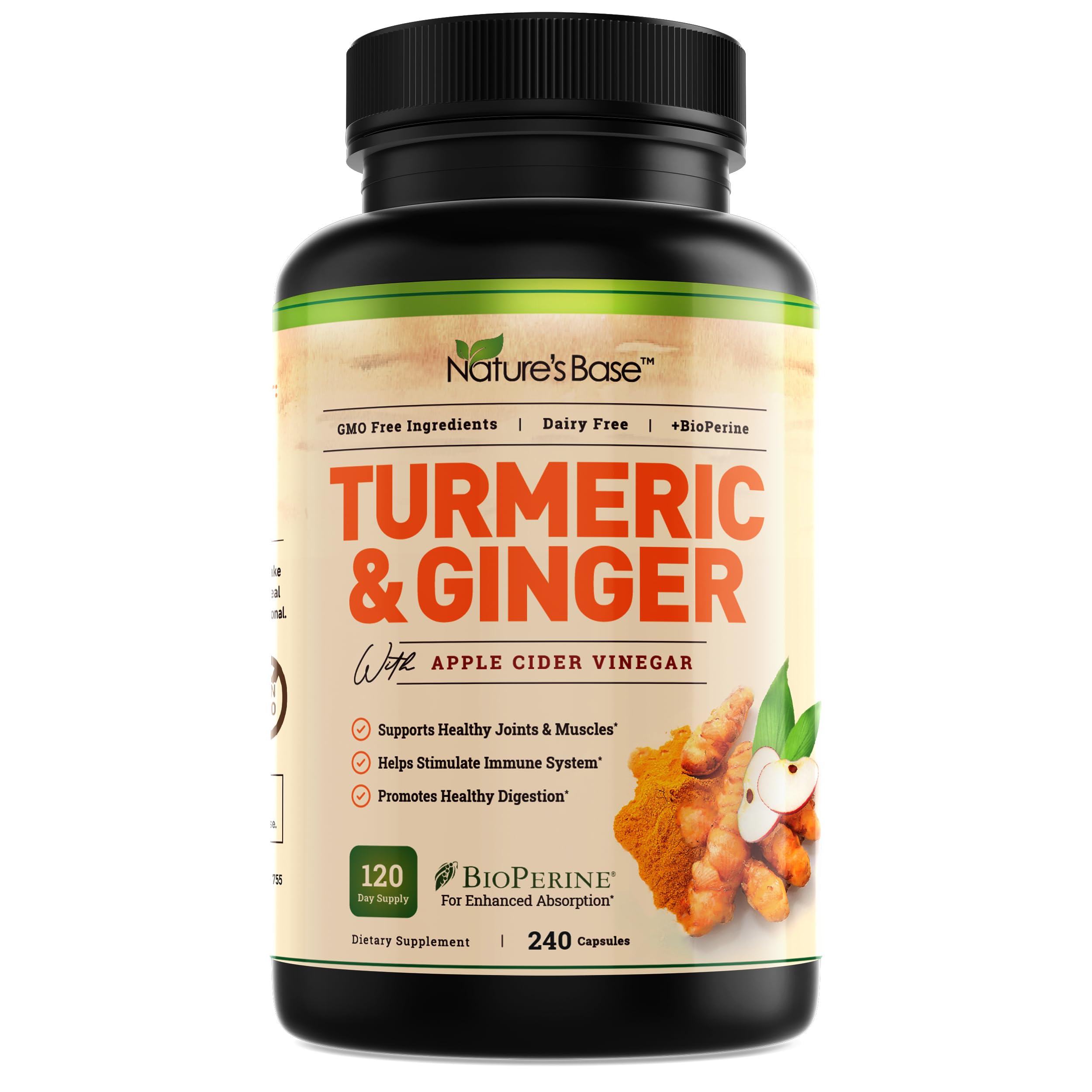 Nature's Base turmeric-ginger supplement bottle with easy daily capsules for convenient wellness.