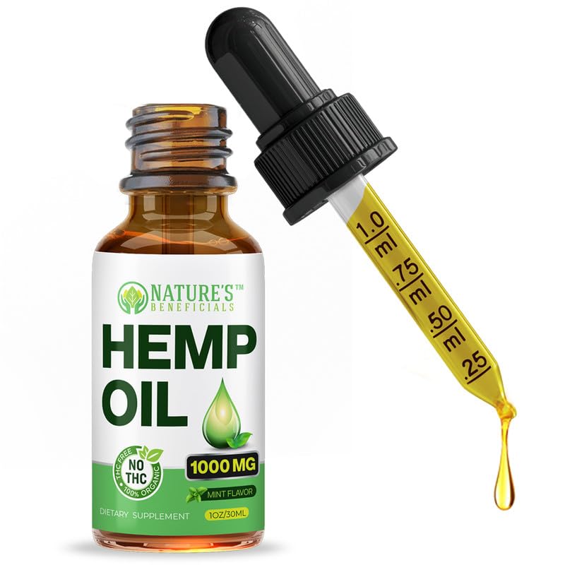 Nature's Beneficials hemp oil drops bottle showing pure hemp formula for daily use