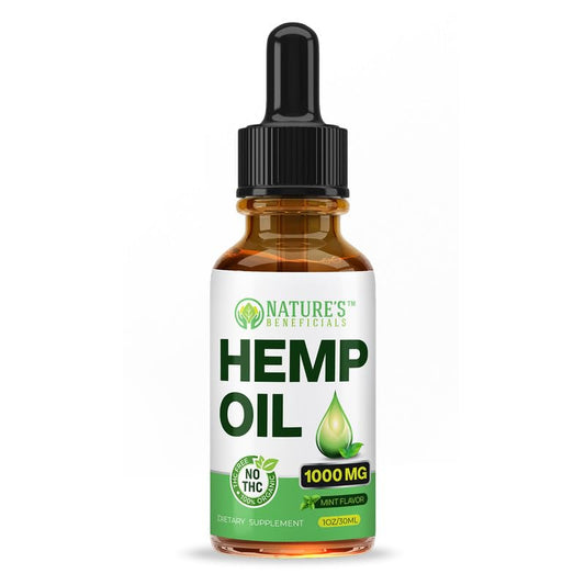 Nature's Beneficials hemp oil drops pour illustrating easy dosing