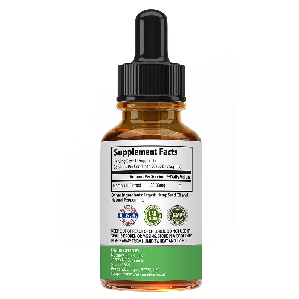 Nature's Beneficials hemp oil drops dropper with clear peppermint flavor hint.