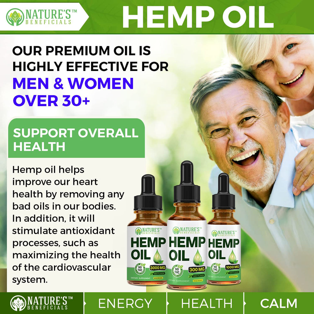 Nature's Beneficials organic hemp seed oil blend visible in bottle.