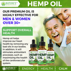 Nature's Beneficials organic hemp seed oil blend visible in bottle.