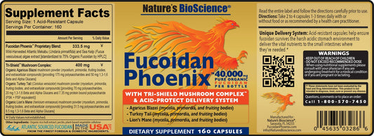 Nature's Bioscience Fucoidan Phoenix Advanced capsules close-up highlighting acid-resistant delivery