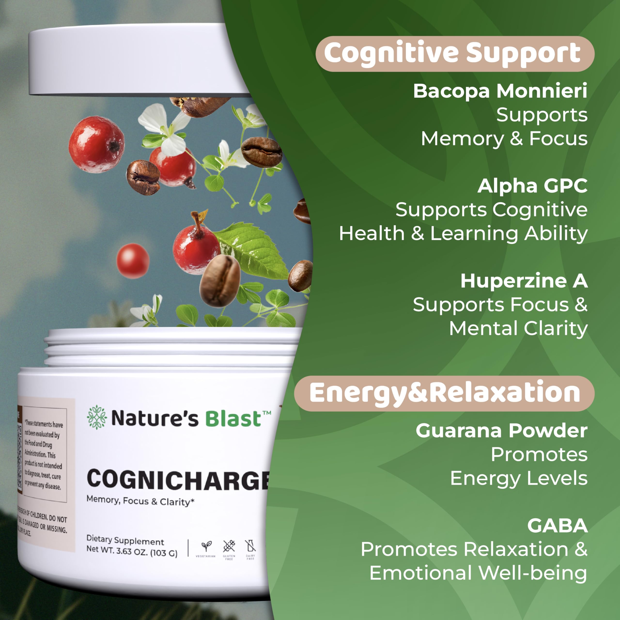 NATURES BLAST CogniCharge ingredients Bacopa and Alpha GPC support memory and focus.
