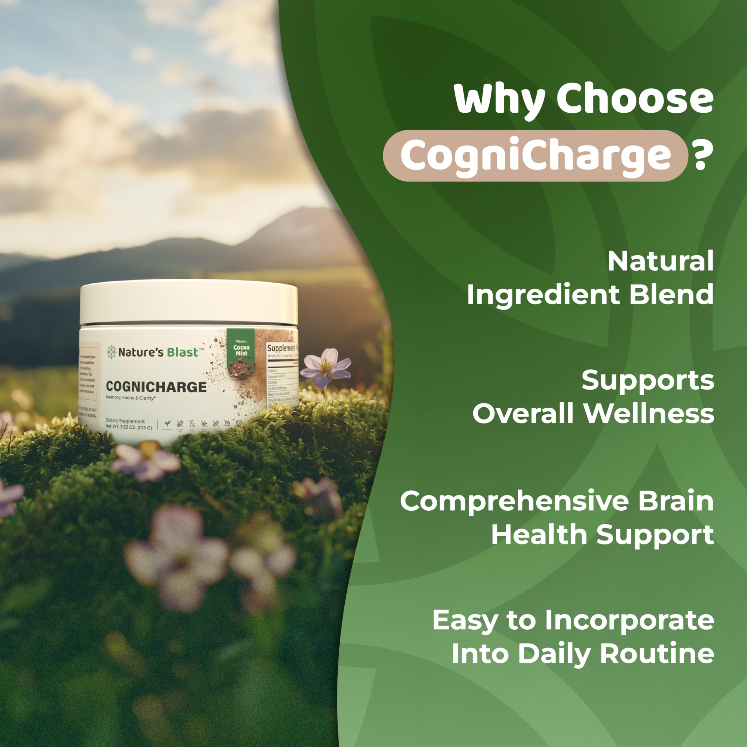 NATURES BLAST CogniCharge label closeup highlights USA-made quality.