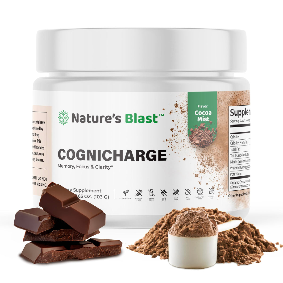 NATURES BLAST CogniCharge tub front with cocoa mist flavor for daily focus.
