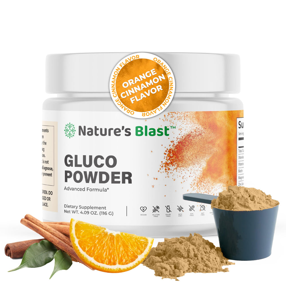 NATURES BLAST Gluco-Powder bottle for convenient daily metabolic wellness.