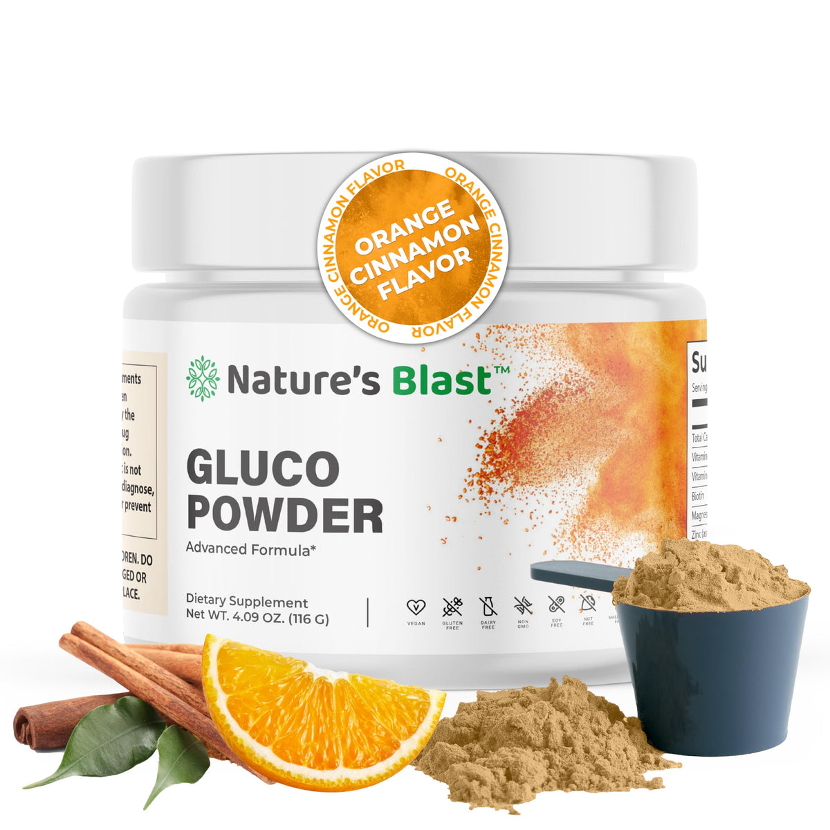 NATURES BLAST Gluco-Powder bottle for convenient daily metabolic wellness.
