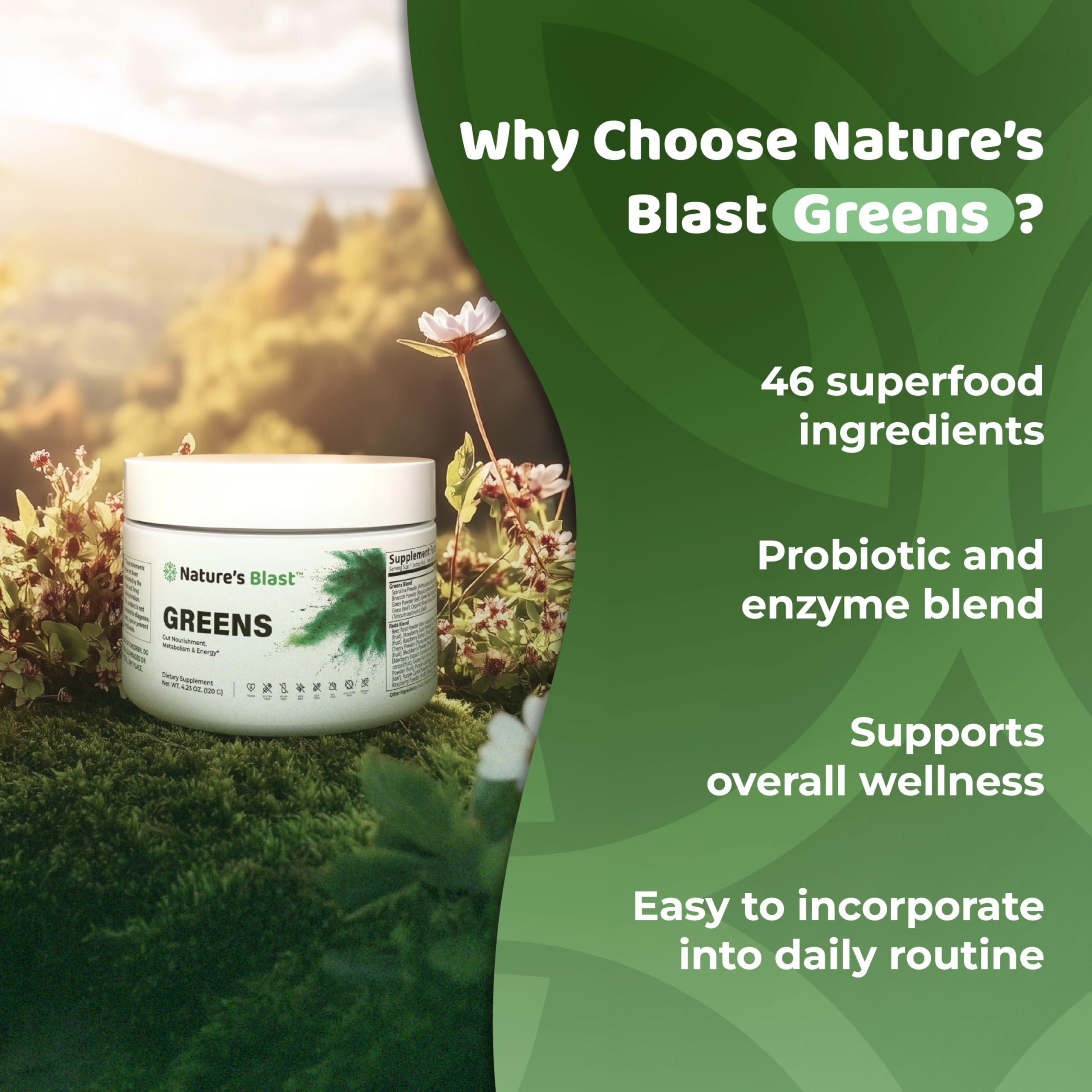 NATURES BLAST Greens Superfood Powder mixing in water for a refreshing green drink