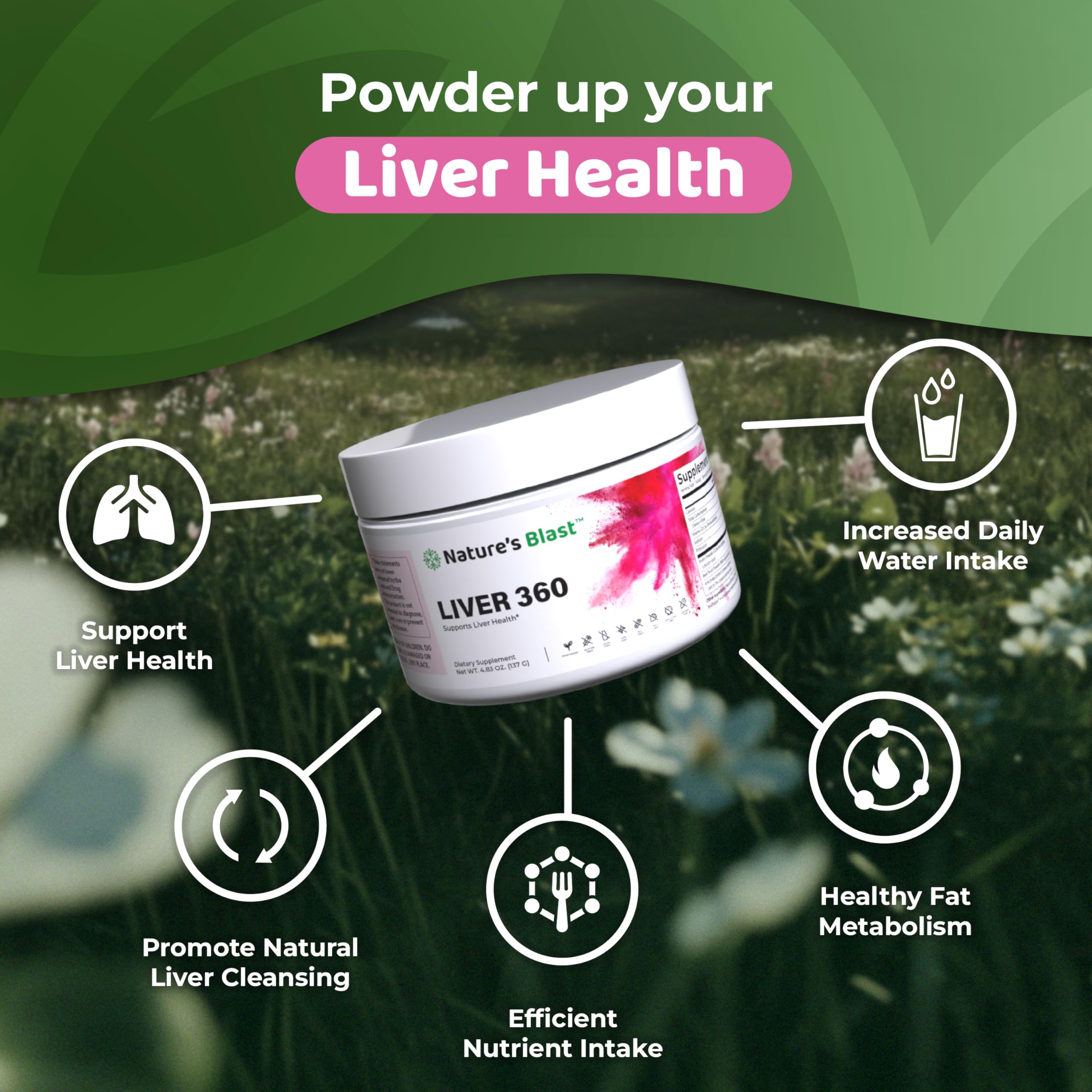 NATURES BLAST Liver 360 closeup-turmeric emphasizes golden color.