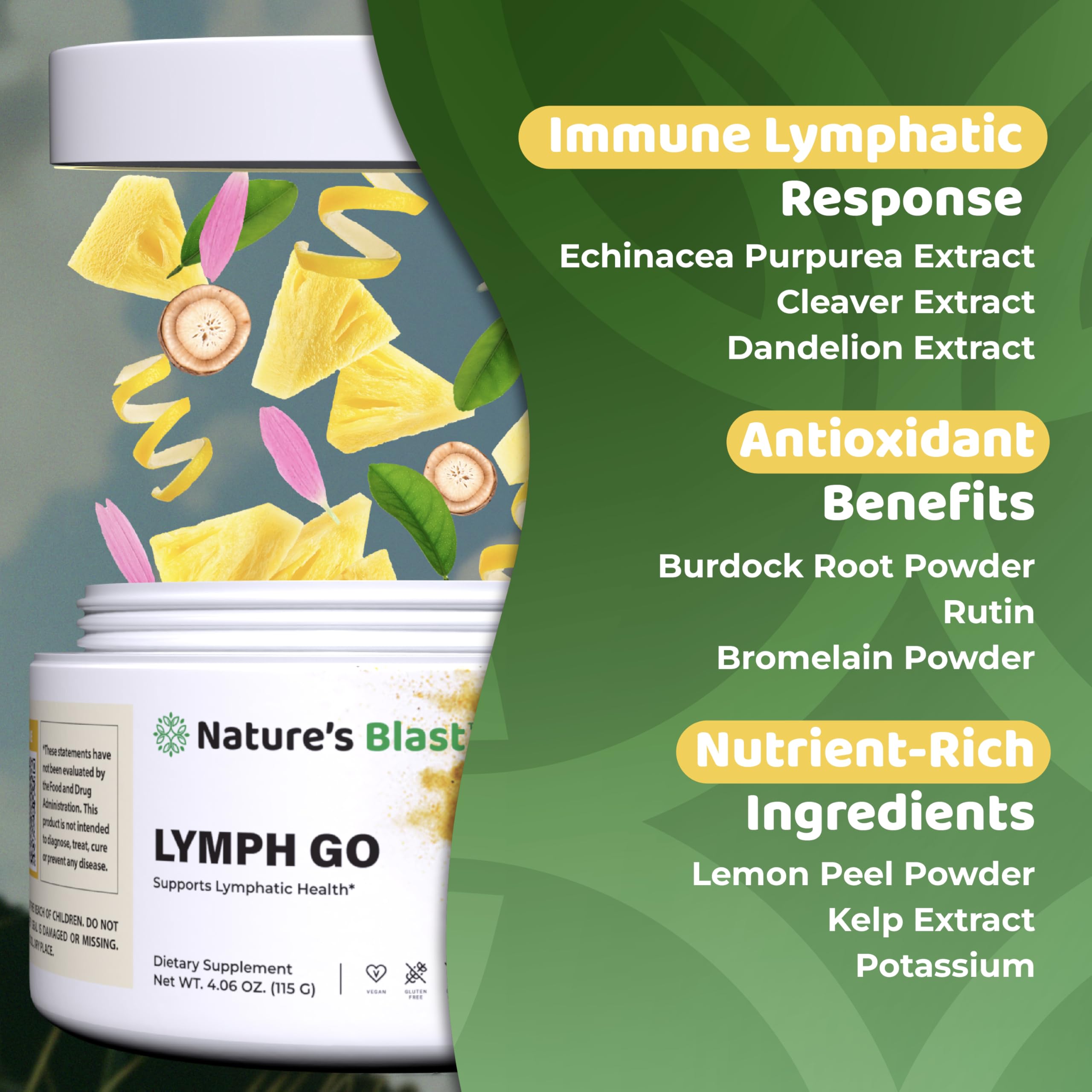 Nature's Blast Lymph Go label close-up highlighting tropical formulation