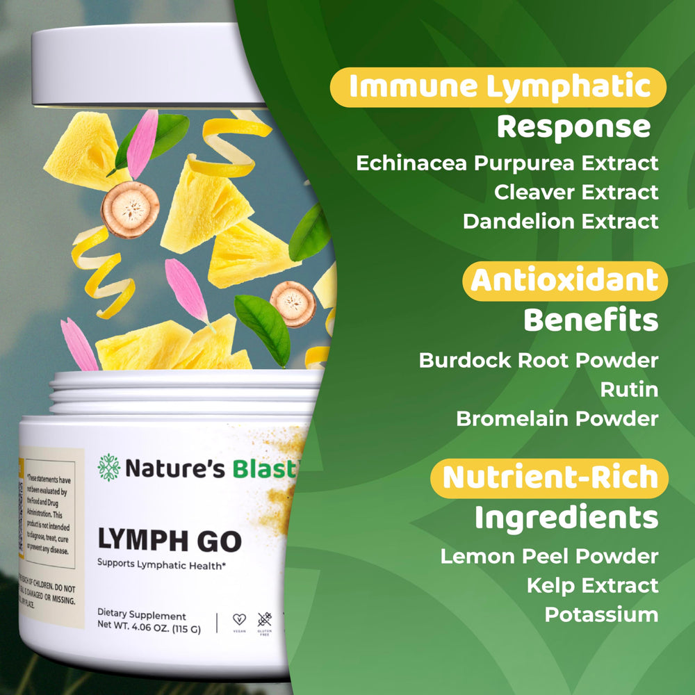 Nature's Blast Lymph Go label close-up highlighting tropical formulation