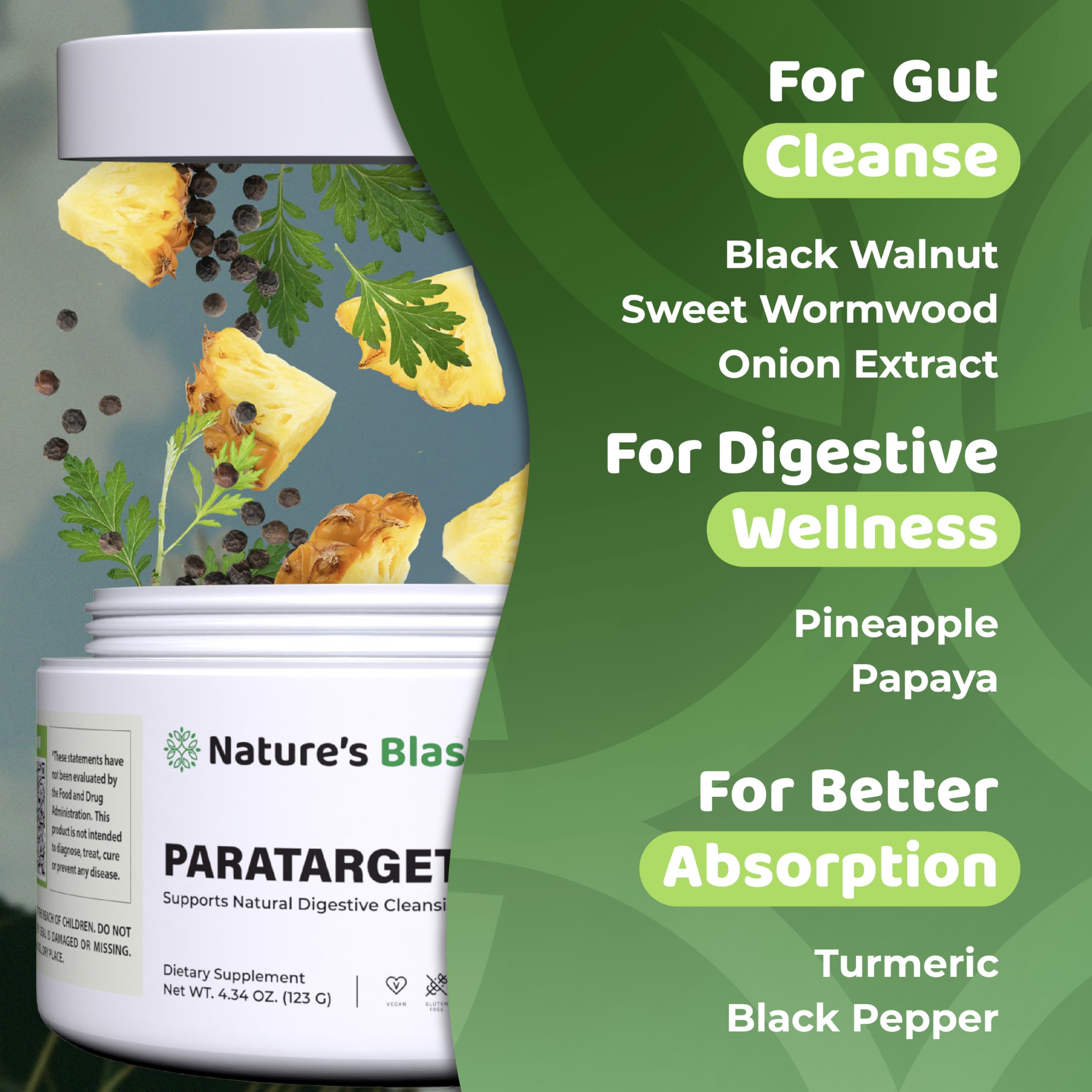 NATURES BLAST ParaTarget bottle highlights Black Walnut Hull blend for natural digestive balance