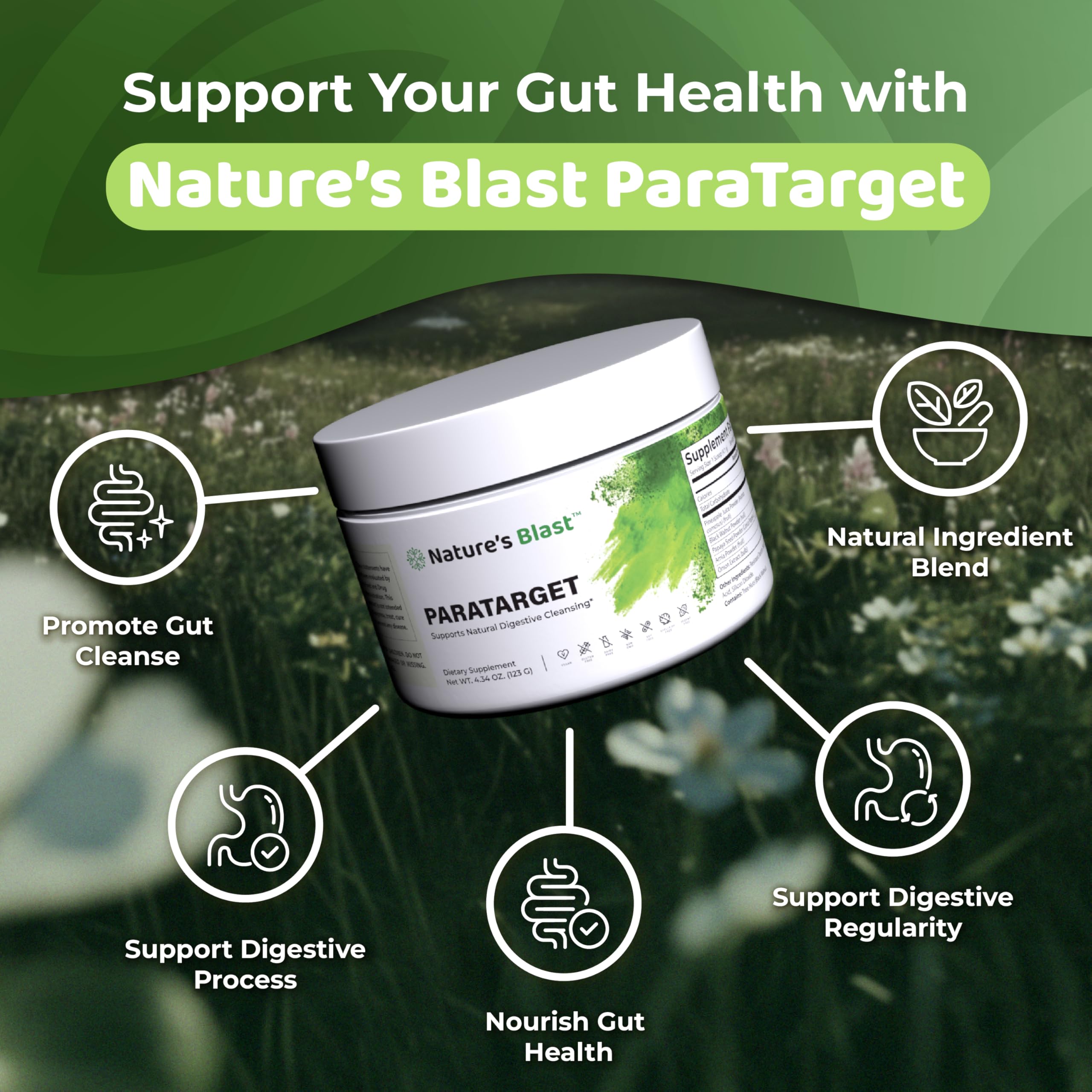 NATURES BLAST ParaTarget fruit flavor powder in a glass for a tasty daily ritual