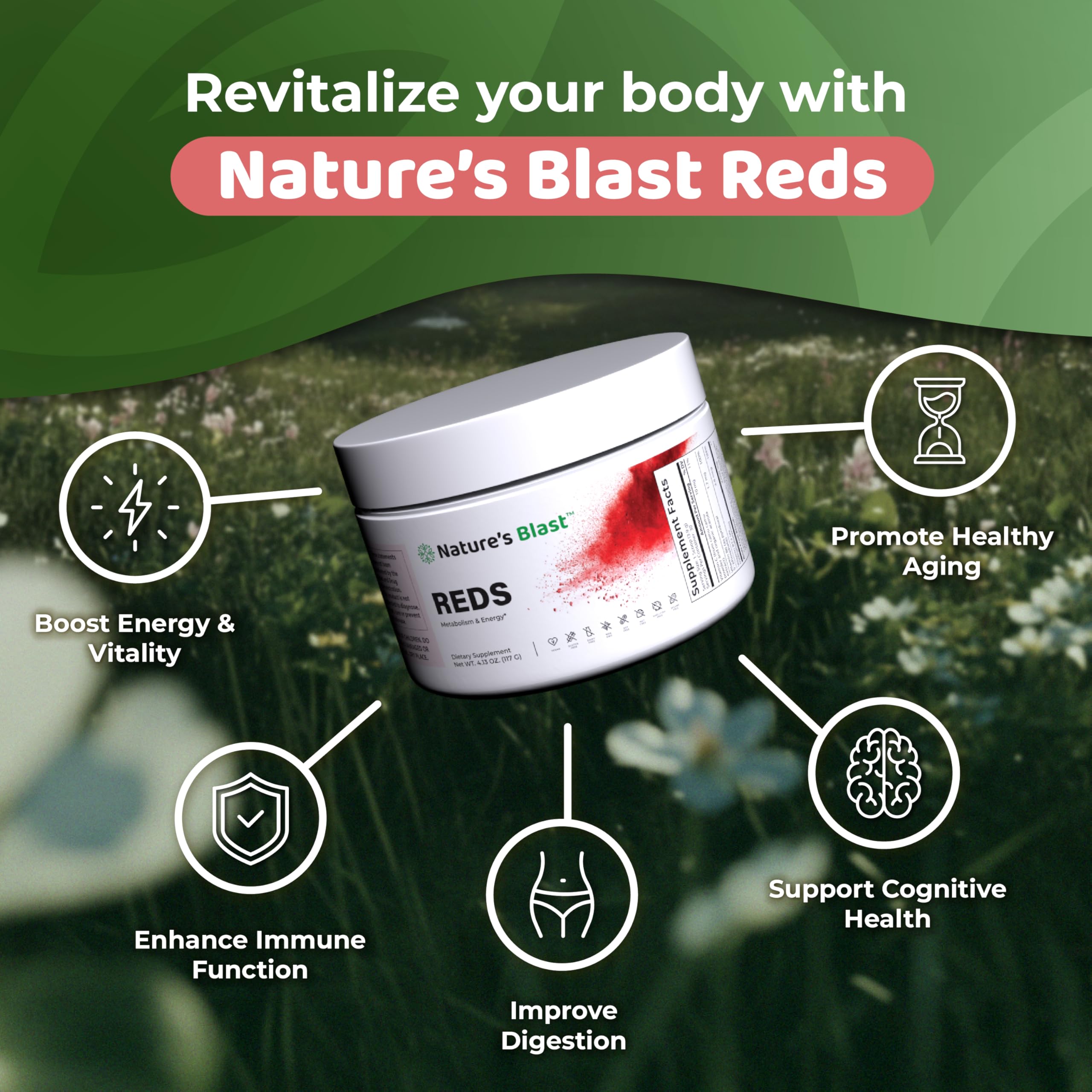 NATURES BLAST Reds pour into water showing quick mixability.