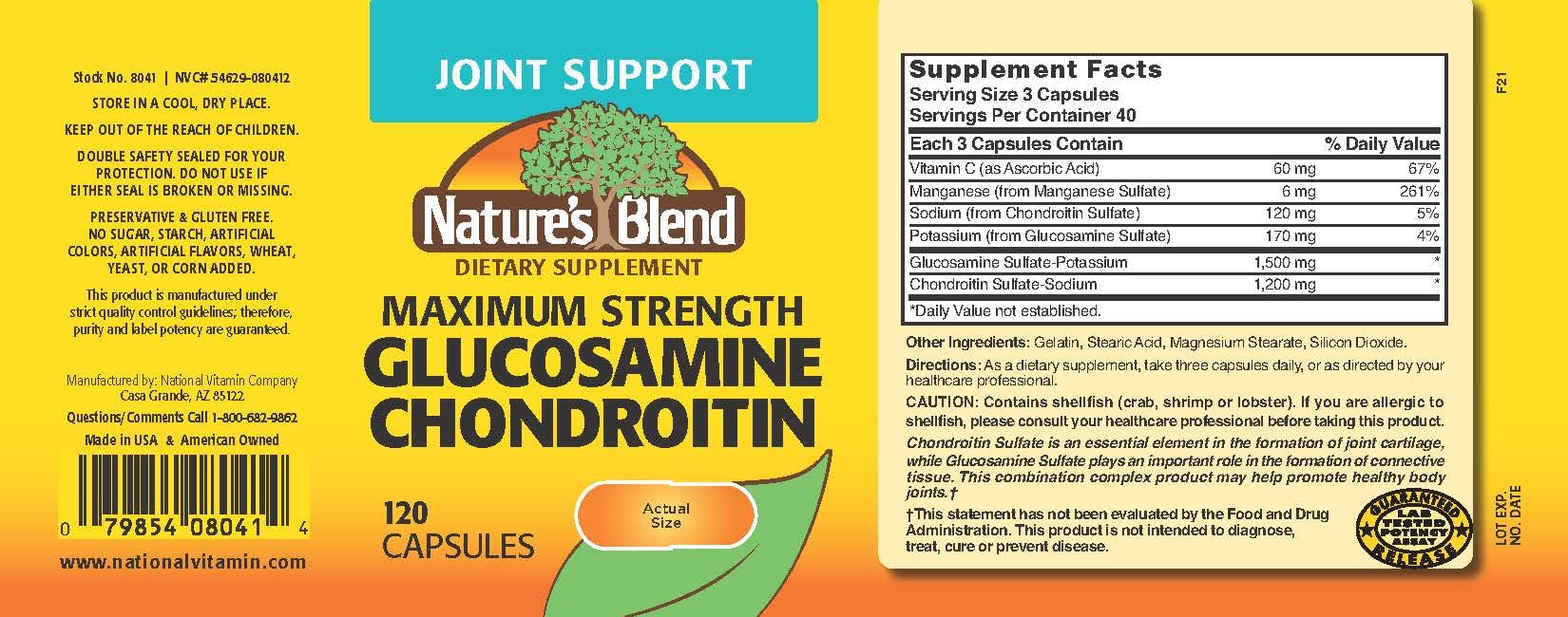 Nature's Blend Glucosamine Chondroitin label closeup highlighting ingredients and serving details