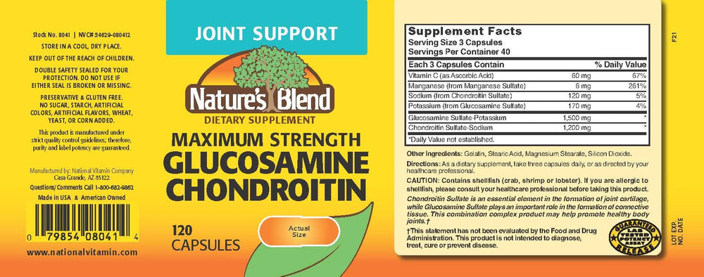 Nature's Blend Glucosamine Chondroitin label closeup highlighting ingredients and serving details