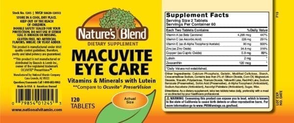 Nature's Blend Macuvite Eye Care pack of 2 bottles back view, easy product identification.