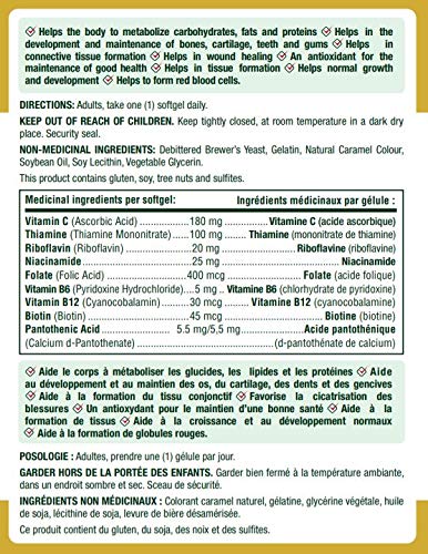 Nature's Bounty Absorbable B-Complex bottle packaging highlighting folic acid and vitamin C for daily supplementation.