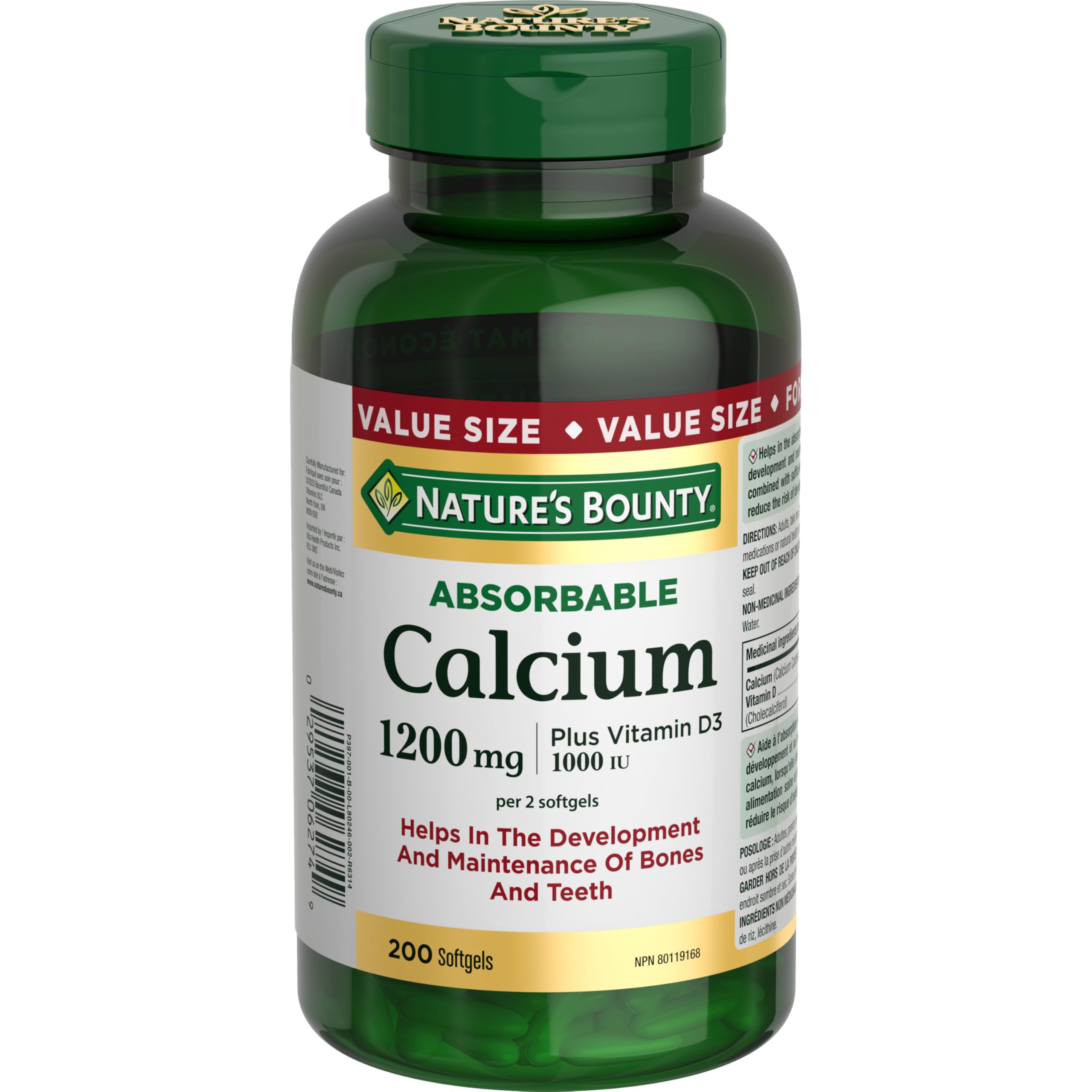 Nature's Bounty absorbable calcium 1200mg + D3 1000IU softgels bottle front view for daily support