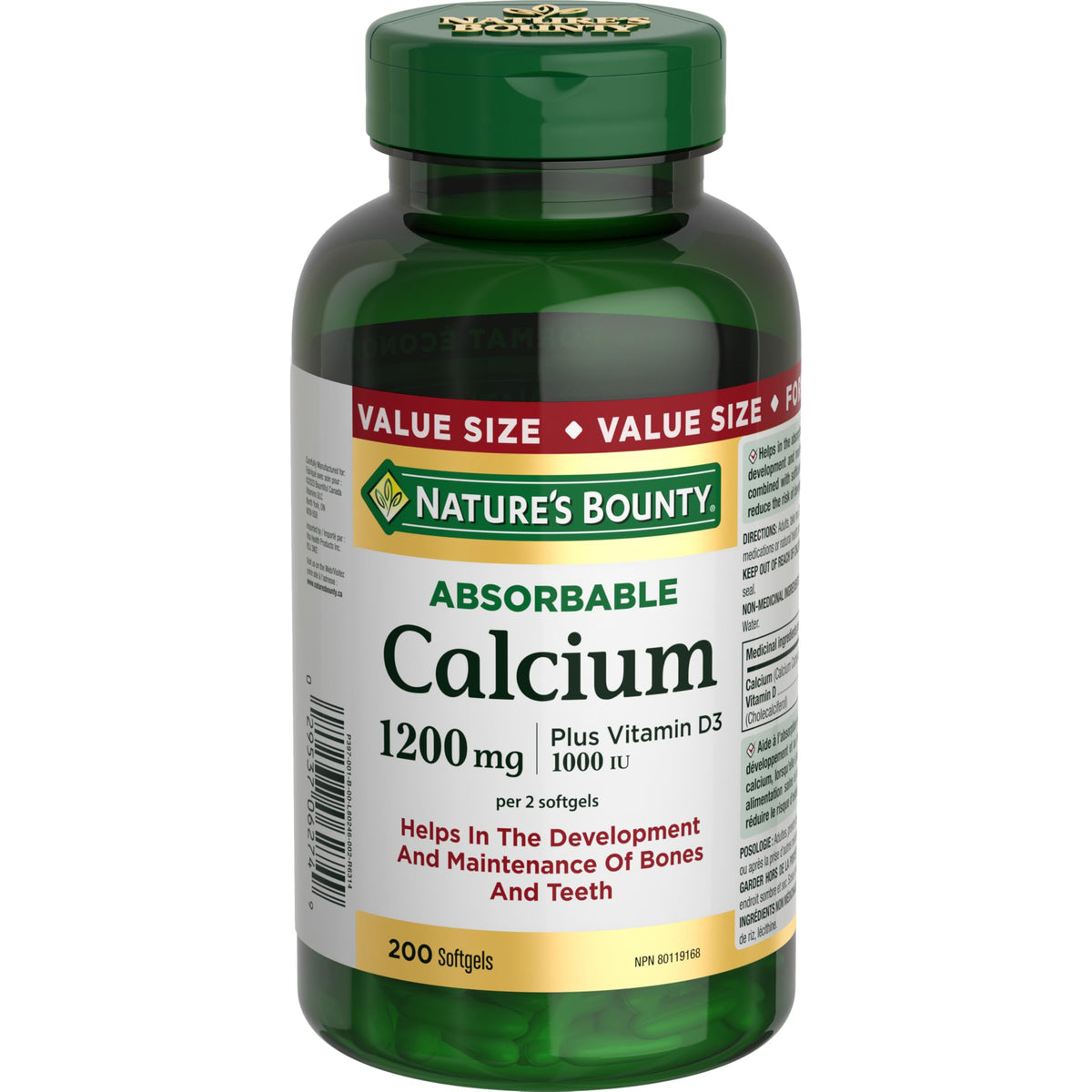 Nature's Bounty absorbable calcium 1200mg + D3 1000IU softgels bottle front view for daily support