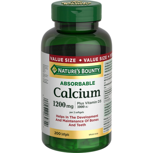 Nature's Bounty absorbable calcium 1200mg + D3 1000IU softgels bottle front view for daily support