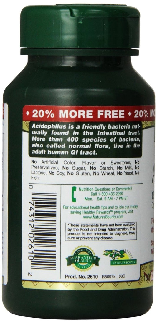 Nature's Bounty Acidophilus tablets pack labeled for daily gut balance.
